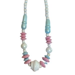 Vintage 80s 90s Chunky Wood Bead Pastel Pink Blue Green Cream Necklace
